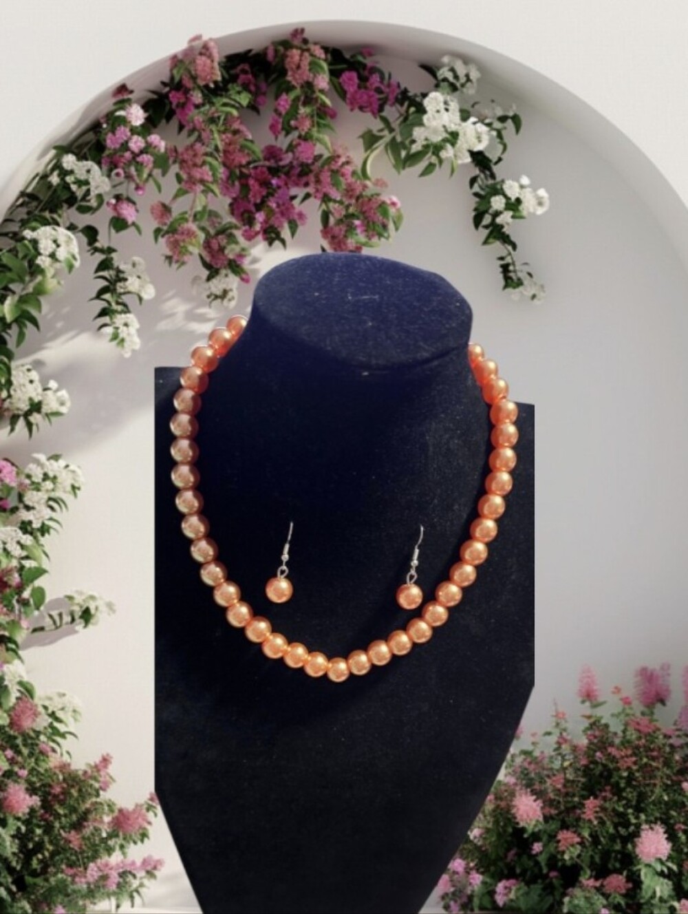 Elegant Orange Pearl Necklace and Earrings Set